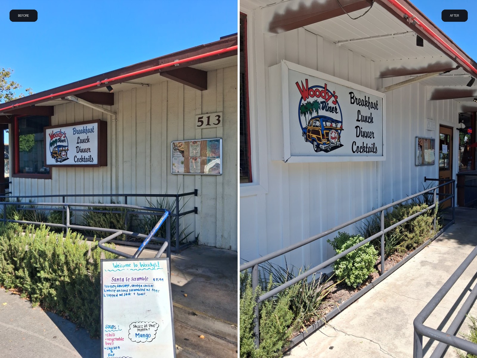 Before and after split of Woody's Diner exterior — weathered siding transformed to a crisp white finish